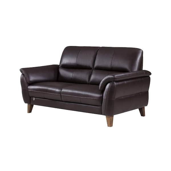 Benjara 66 in. Brown Solid Leather 2-Seater Loveseat with Flared Pillow Top Arms and Wooden Legs