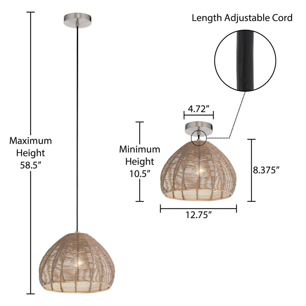 Gloriana 12.75" Woven Rattan Tulip-Shade Pendant Light in Brown