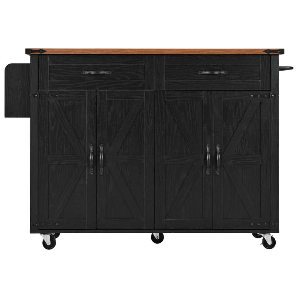 Black Wood MDF Particle Board 53.5 in. W Drop Leaf Farmhouse Rolling Kitche