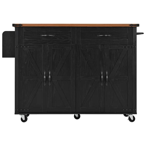 Unbranded Black Wood MDF Particle Board 53.5 in. W Drop Leaf Farmhouse Rolling Kitchen Island on Wheels with Spice Rack and Drawer