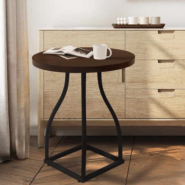 Lindsay 20 in. Brown Round MDF and Birch Veneer End Table with Square Black Metal Base