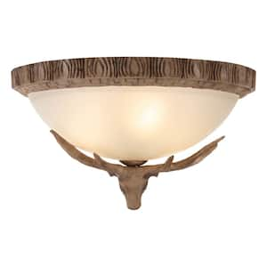 15.74 in. 3-Light Brown Retro Deer Horn Flush Mount Ceiling Light with Glass Shade and No Bulbs Included