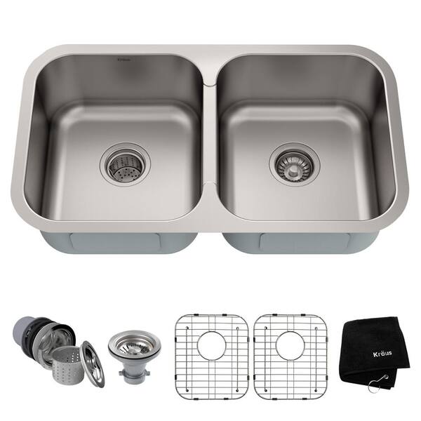 Kraus Premier Undermount Stainless Steel 32 In 50 50 Double Bowl Kitchen Sink Kbu29 The Home Depot