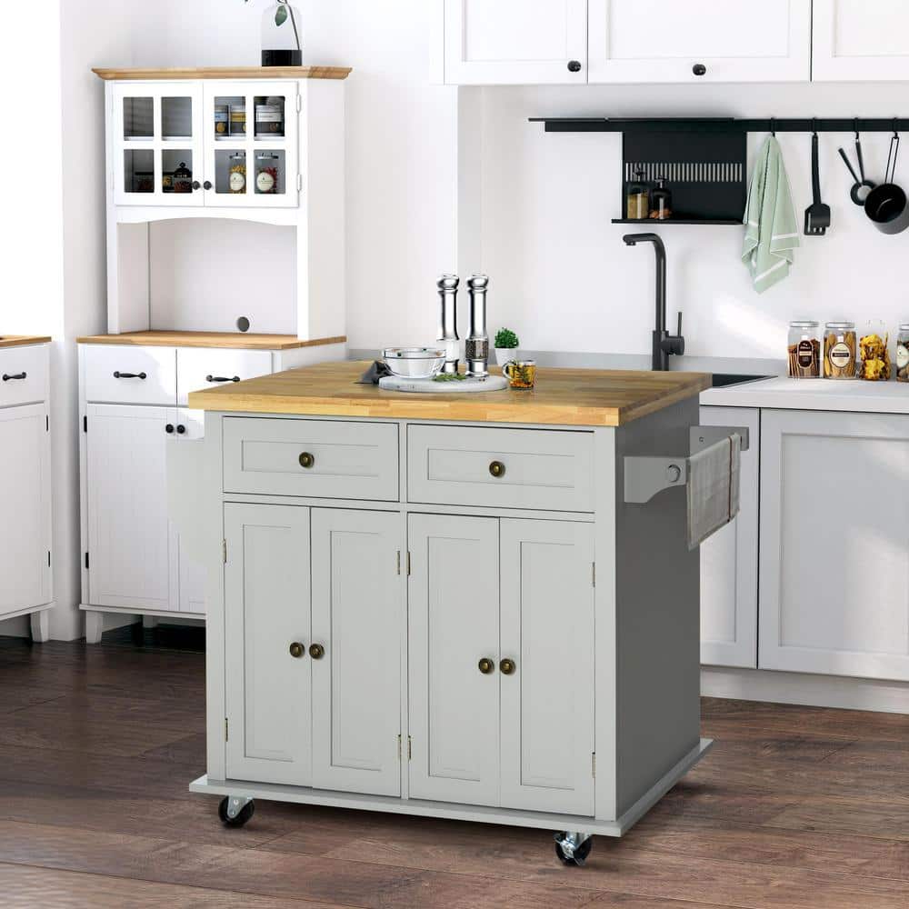 Gray Wood Kitchen Cart with Butcher Block Top and Spice Rack