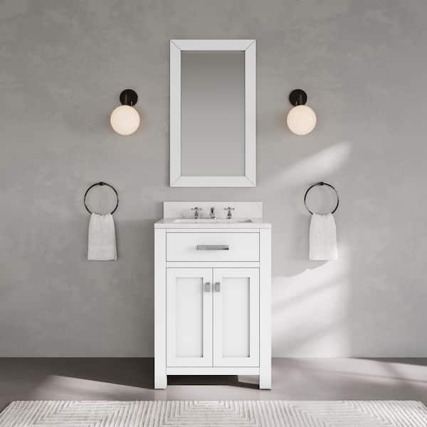 Madison 24in.W x21.5in.D x34in.H Single Sink Bath Vanity in Pure White with Carrara White Marble Top, Faucet and Mirror