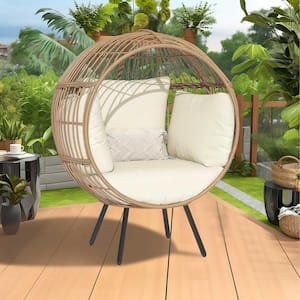 Yellow Wicker Patio Outdoor Indoor Basket Egg Chair with Beige Cushion for Patio, Balcony, Bedroom