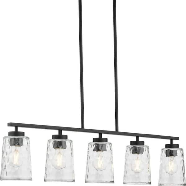 Mauzy Collection 5-Light Matte Black Transitional Linear Chandelier with Clear Water Glass Shade for Dining Room