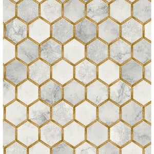 56 sq. ft. Alaska Grey & Metallic Gold Faux Hex Tile Pre-Pasted Paper Wallpaper Roll