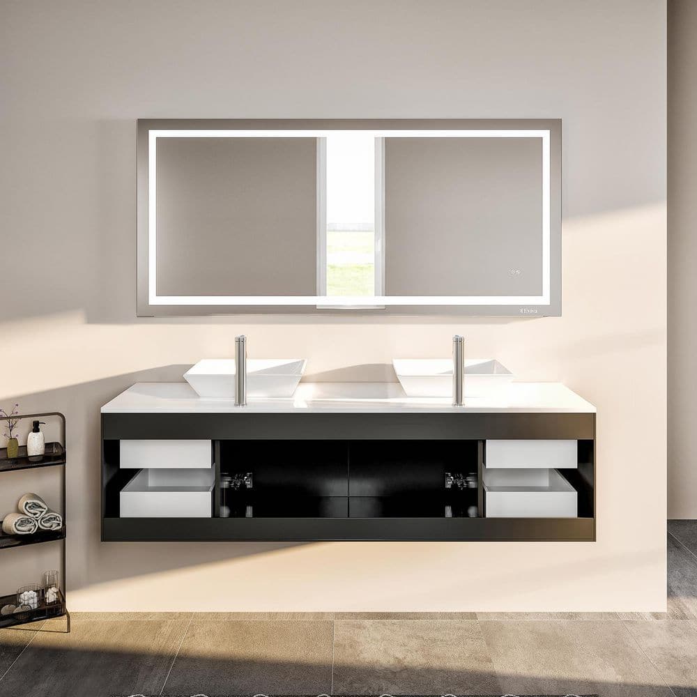 Espresso Modern Double Sink Wall-Mount Bathroom Vanity with White Stone Top
