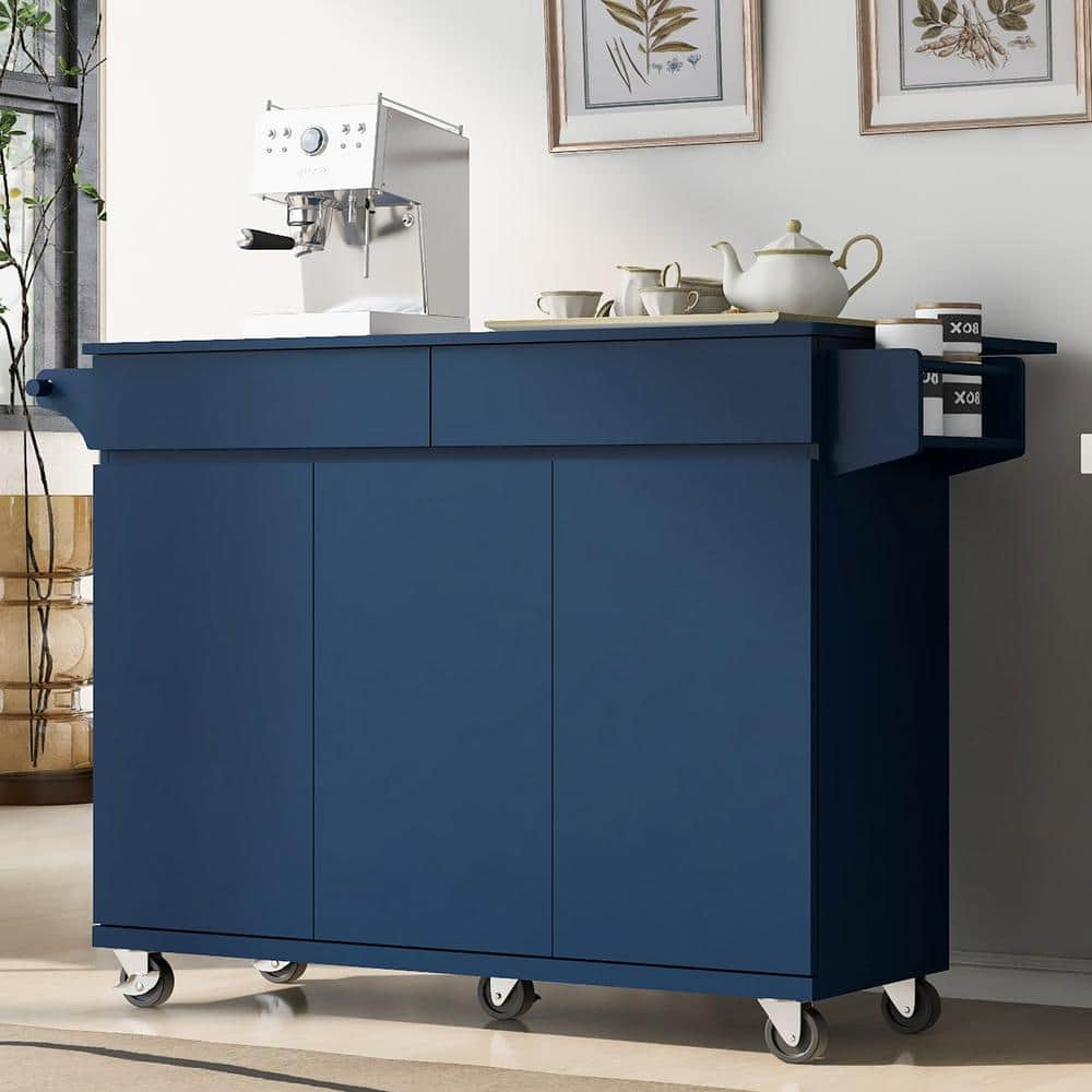 Nestfair Navy Blue Wood 53.2 in. Kitchen Island with Drop Leaf, Spice Rack, Towel Rack, 2 Drawers and Adjustable shelves