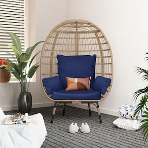 Oversized Wicker Egg Chair Indoor Outdoor Large Lounge Chair with Navy Blue Cushions