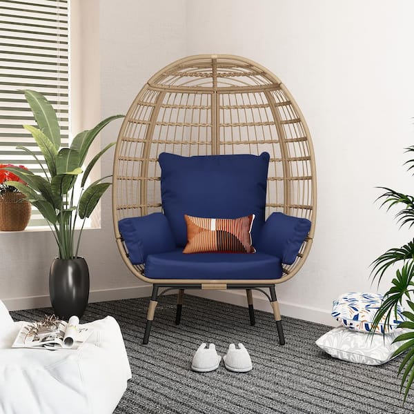 UPHA Oversized Wicker Egg Chair Indoor Outdoor Large Lounge Chair with Navy Blue Cushions