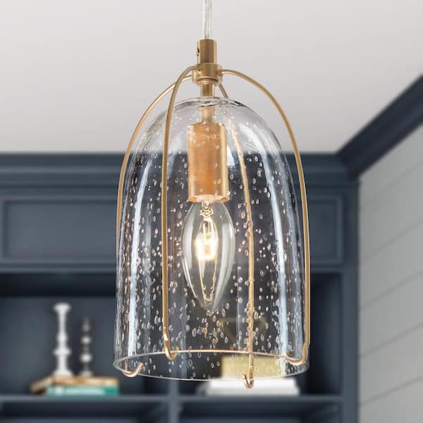 Uolfin Mid-Century Modern 5 in. 1-Light Gold Kitchen Island Pendant Light, Dining Room Light with Bell Seeded Glass Shade