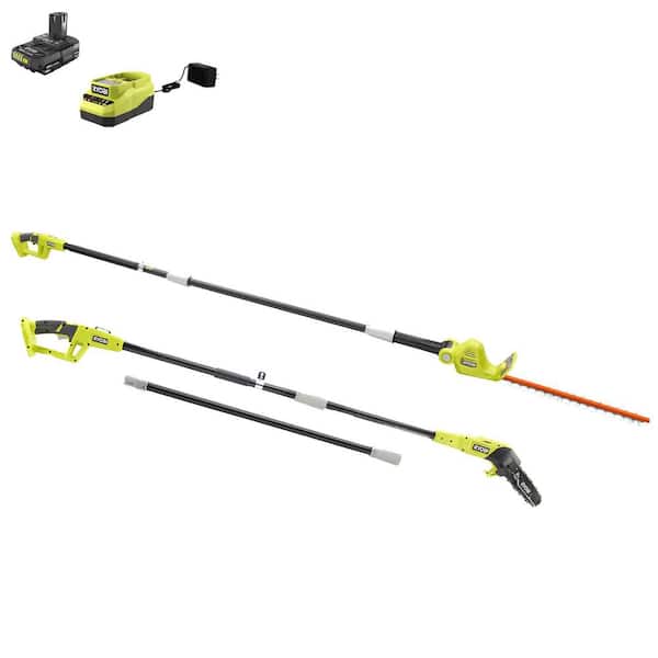 RYOBI ONE+ 18V 8 in. Cordless Oil-Free Pole Saw and Cordless Battery Pole Hedge Trimmer with 2.0 Ah Battery and Charger