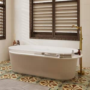 70.86 in. Stone Resin Flatbottom Solid Surface Freestanding Soaking Bathtub in White with Brass Drain