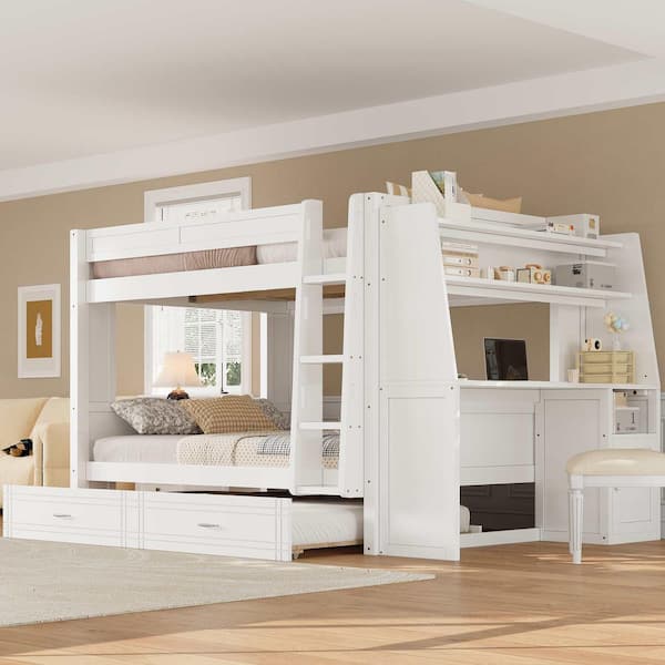 White Full Over Full Wood Bunk Bed with Desk and Bookshelves, Trundle