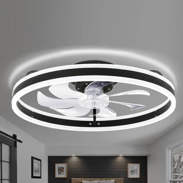 Oaks Aura 20in. LED Indoor Black Bladeless Low Profile Ceiling Fan Flush Mount Smart App Remote Control Dimmable Lighting