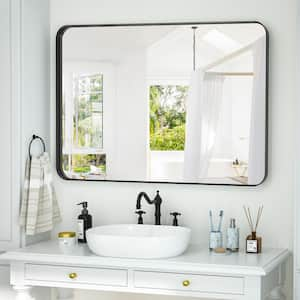 24 in. W x 36 in. H Rectangular Modern Aluminum Deep Framed Rounded Black Wall Mirror