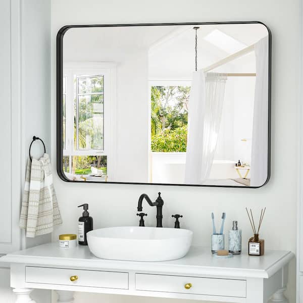 XRAMFY 24 in. W x 36 in. H Rectangular Modern Aluminum Deep Framed Rounded Black Wall Mirror