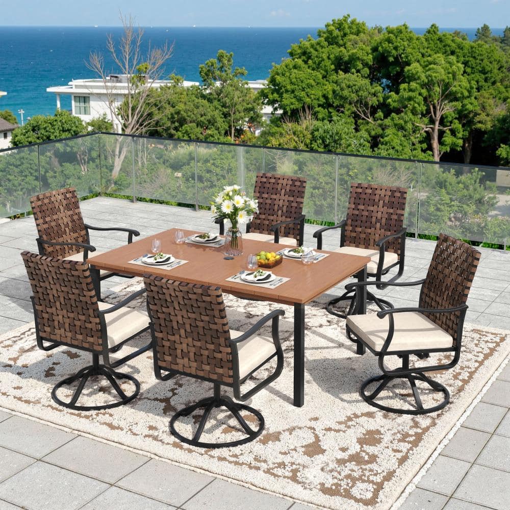 7-Piece Metal Outdoor Patio Dining Set with 6 Swivel Wicker Chairs, Beige Cushions and 63 in. Walnut Rectangular Table price history on PriceWatchPro