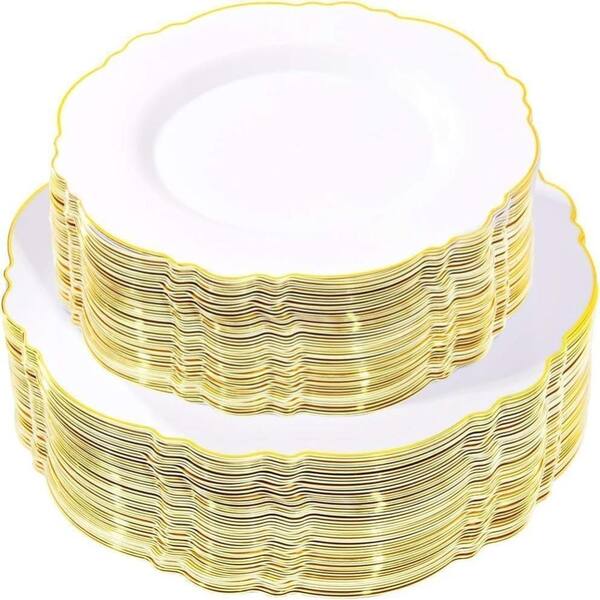 100-Piece Gold and White Baroque Disposable Plate Set with 10.25-Inch Dinner and 7.5-Inch Salad Plates