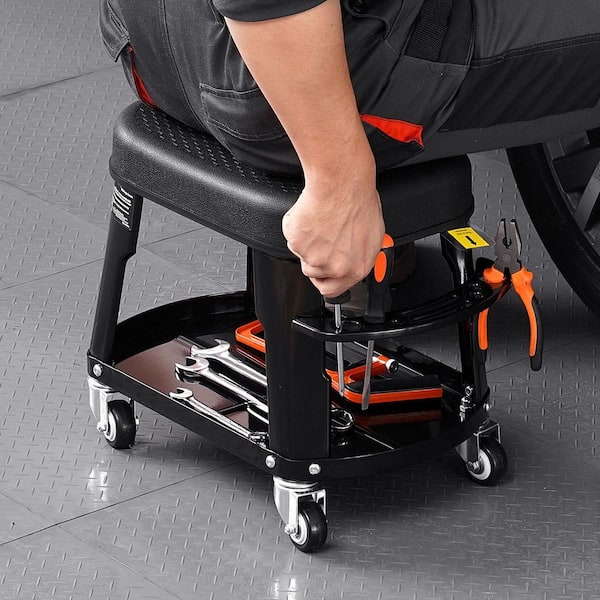 Mechanic Stool, 300 lbs. Capacity Garage Seat/Work Stool with Wheels, 360° Swivel Rolling Workshop Stool with Tool Tray