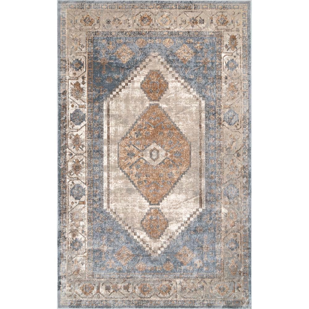 Vintage Beige and Blue Synthetic Rectangular Area Rug