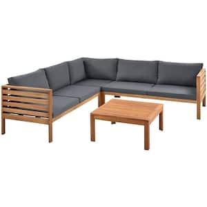 Outdoor 4-Piece Wood Patio Conversation Set with Gray Cushions