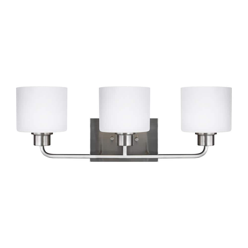 Generation Lighting Canfield 23 in. 3-Light Brushed Nickel Minimalist Modern Wall Bathroom Vanity Light with Etched White Glass Shades