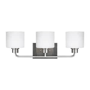Canfield 23 in. 3-Light Brushed Nickel Minimalist Modern Wall Bathroom Vanity Light with Etched White Glass Shades