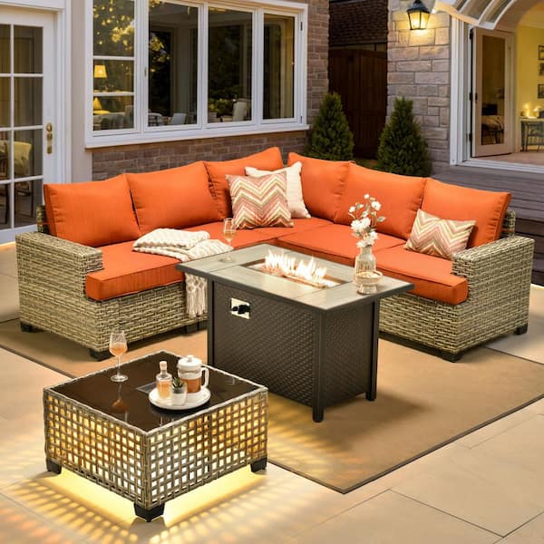 Kelleys 7-Piece Wicker Outdoor Patio Conversation Sofa Sectional Set with a Fire Pit and Orange Red Cushions