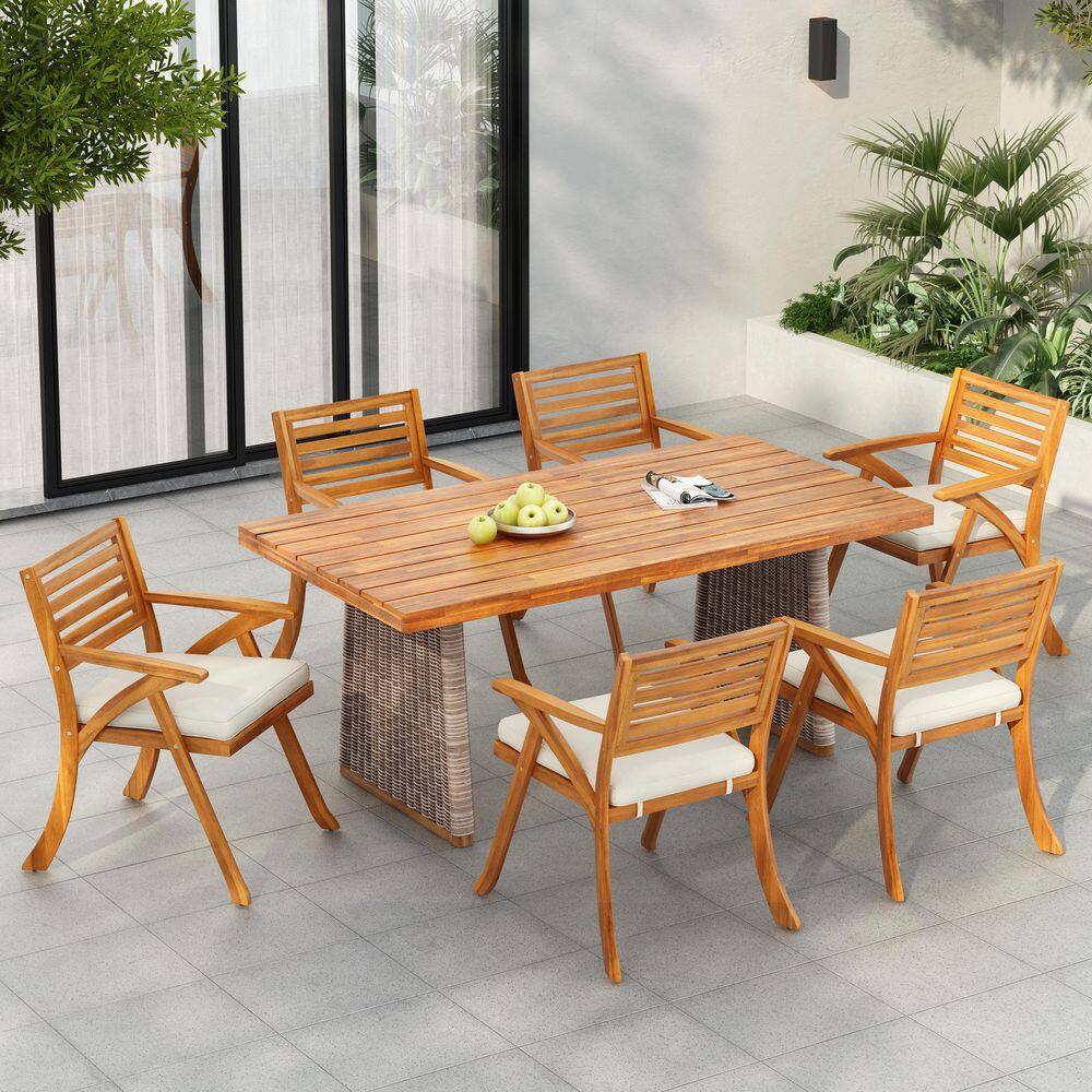Parish 7-Piece Solid Wood Patio Outdoor Dining Set with Beige Cushions, Teak Finish+Brown Wicker price history on PriceWatchPro