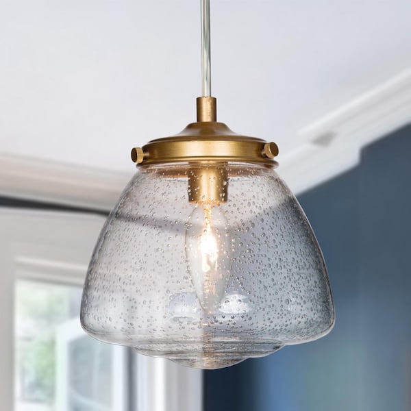 Uolfin Modern Gold Minimalist Hanging Light, 1-Light Dinning Table Bubble Pendant Light with Seeded Glass Shade