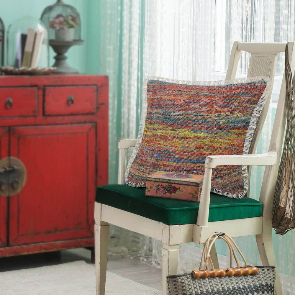 Multicolored Chindi Fringe Square Throw Pillow, 20"