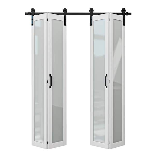 72 in. x 84 in. 1-Lite Tempered Frosted Glass White Finished Composite MDF Bi-Fold Sliding Barn Door with Hardware Kit