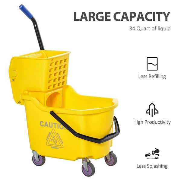Mop Bucket With Side Press Wringer & Wheels 31 Quart Yellow Plastic Cleaning 