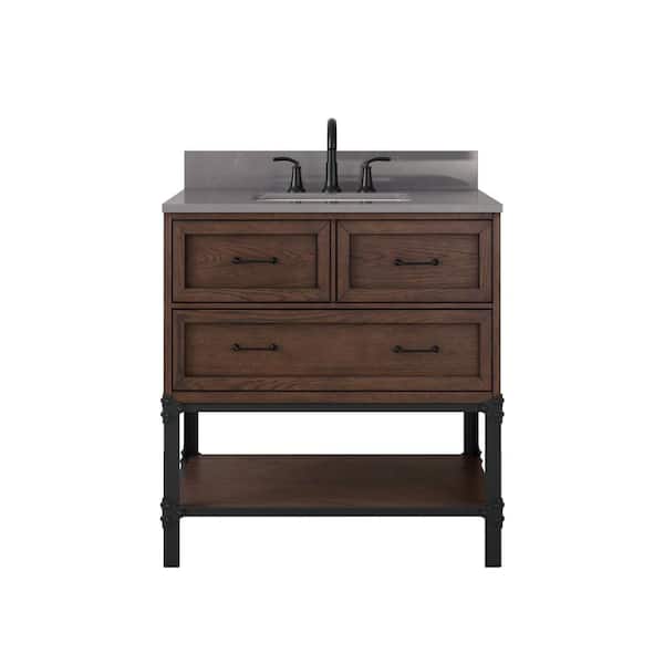 Alster 36 in. Single Sink Brown Oak Bath Vanity with Gray Quartz Marble Top (Assembled)