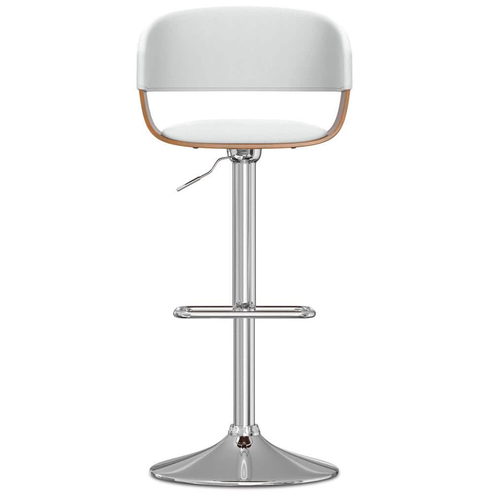 White Faux Leather Adjustable Swivel Bar Stool with Wood Accents