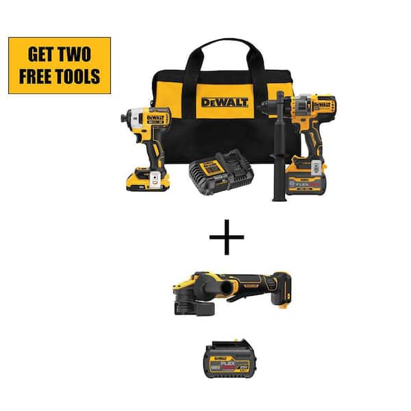 DEWALT 20V MAX Cordless Brushless Hammer Drill/Driver Combo Kit (2-Tool) w/20V Angle Grinder(Tool Only) & FLEXVOLT 6Ah Battery