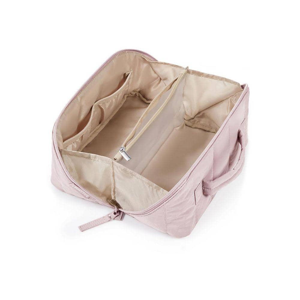 Pink Quilted Travel Makeup Toiletry Bag, Water-resistant Cosmetic Organizer with Full-Open Design for Easy Access