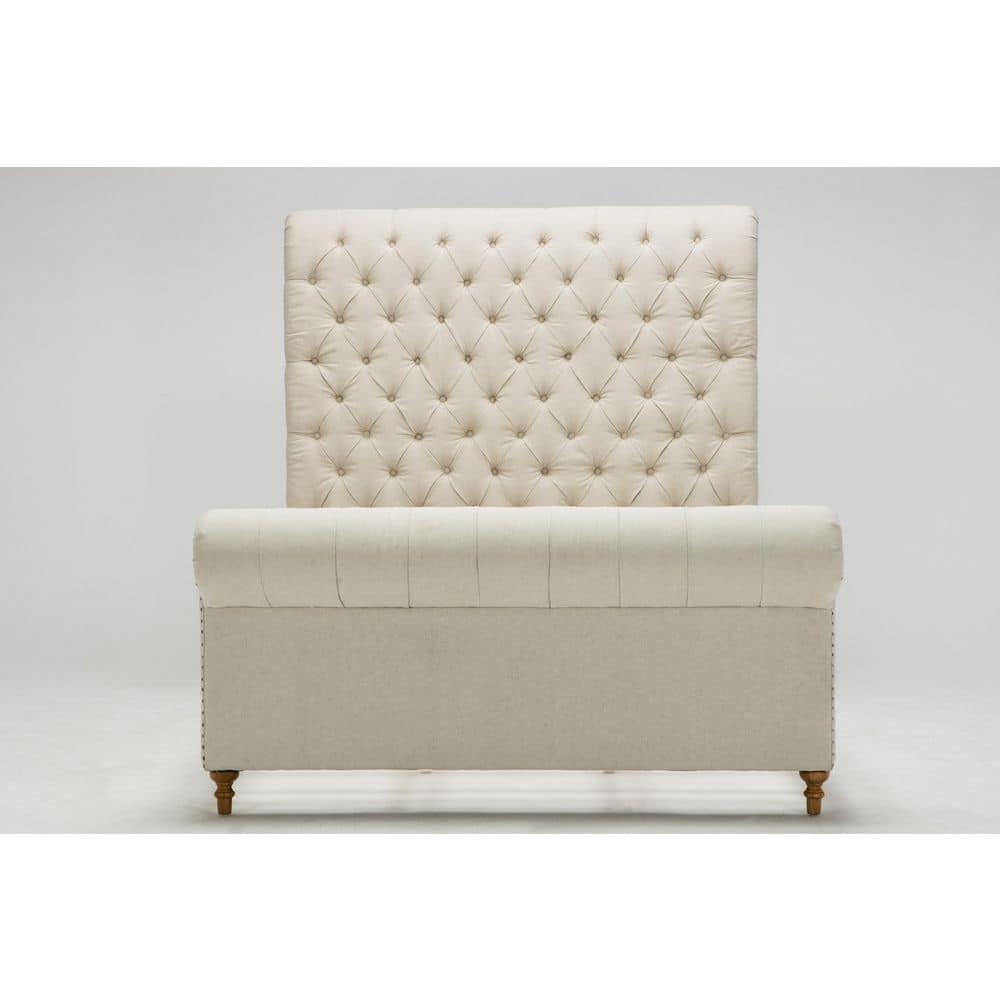 Elegant Cream Tufted Queen Bed with Ultra-High Headboard and Wood Frame