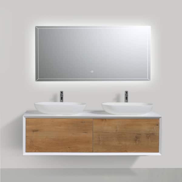 Fiona 55 in. W x 21 in. W x 15.7 in. H Bath Vanity in White with White Double Solid Surface Sink