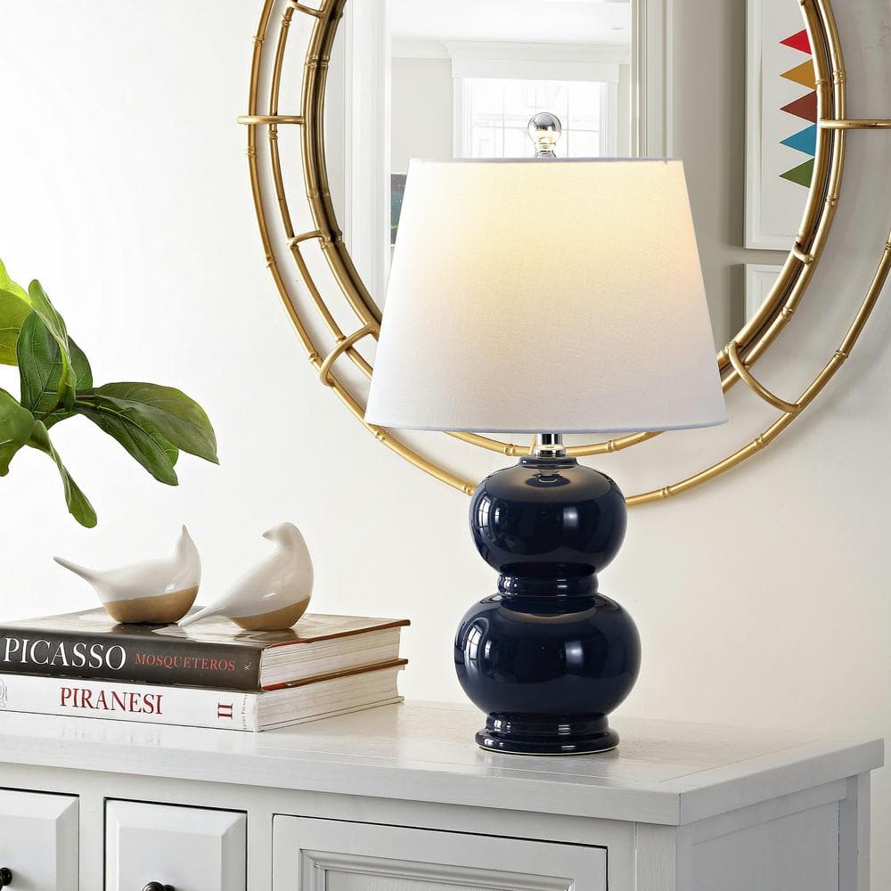 Navy Ceramic Double Gourd Table Lamp with White Shade
