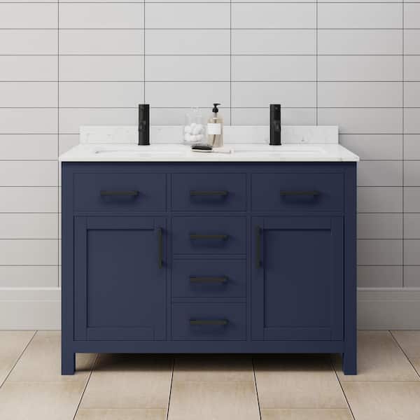 Wyndham Collection Beckett 48 in. W x 22 in. D x 35 in. H Double Sink Bathroom Vanity in Dark Blue with Carrara Cultured Marble Top