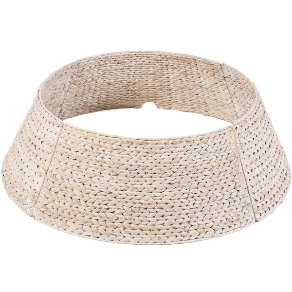 42 in. D Washed White Woven Hyacinth Christmas Tree Collar with Cord Cut-Out