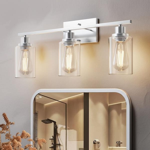 24 in. 3-Light Industrial Brushed Nickel Vanity Light Fixtures for Bathroom with Clear Glass Shades