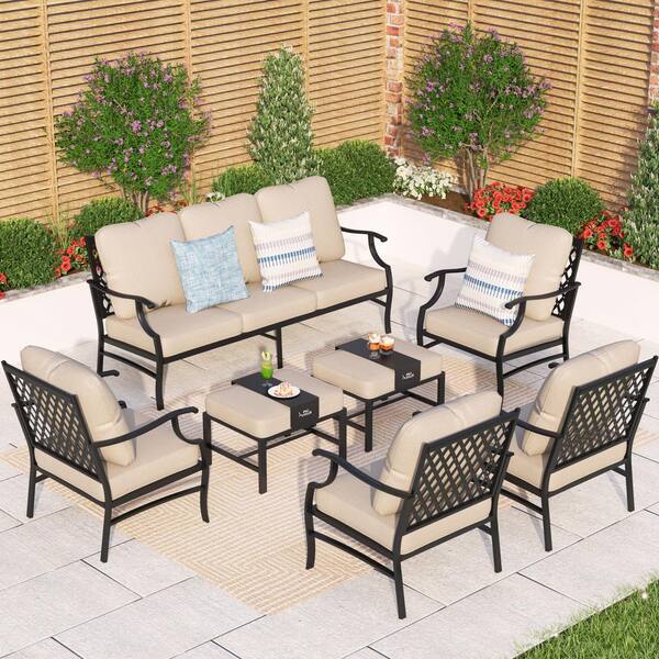 PHI VILLA Black Meshed 9-Seat 7-Piece Metal Outdoor Patio Conversation ...