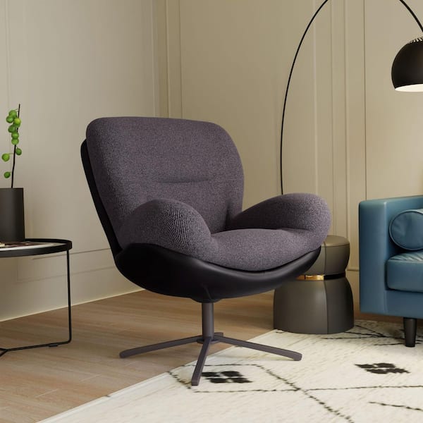 360° Swivel Office Chair, Modern Chenille Chair with Faux Leather and Black Metal Base Frame, No Wheels, Accent Chair for Small Spaces, Living Room, Bedroom, Reading Corner, Office, Dark Blue