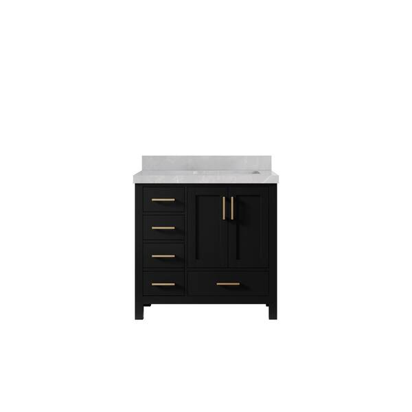 Willow Collections Malibu 36 in. W x 22 in. D x 36 in. H Right Offset Single Sink Bath Vanity in Black with 2 in. Pearl Gray qt Top