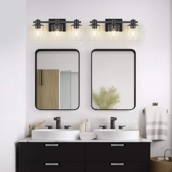 20 in. 3-Light Matte Black Damp Rated Vanity Light Clear Glass Shade with Dimmable No Bulbs Included